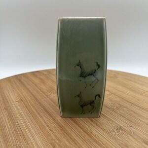 Edgar Johnson Zebra Horses Vase‎ Green USA Pottery Signed Wildlife Equestrian